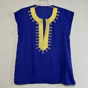 Royal Blue Top Gold Embroidery Womens Size‎ Small Casual Blouse